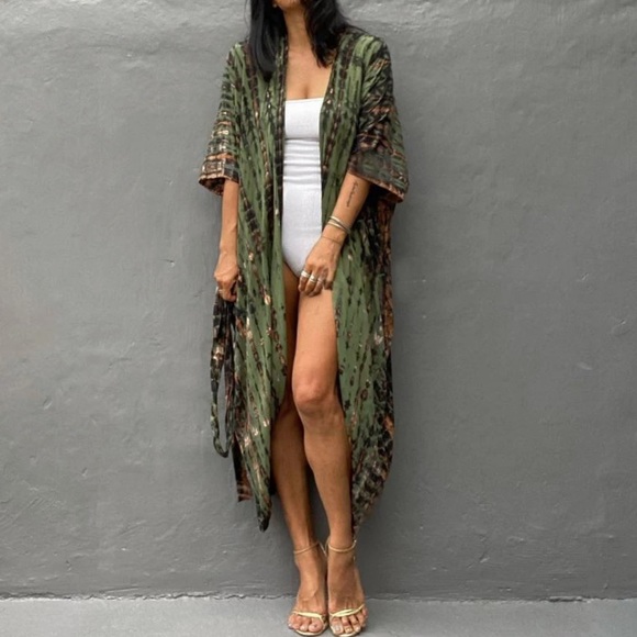 Army Green Tie Dye Boho Swim Coverup Kimono Robe - Picture 2 of 6